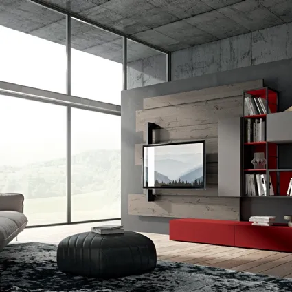 Parete Attrezzata Rebel R 06 in laccato opaco cenere e rosso e quercia di Fimar