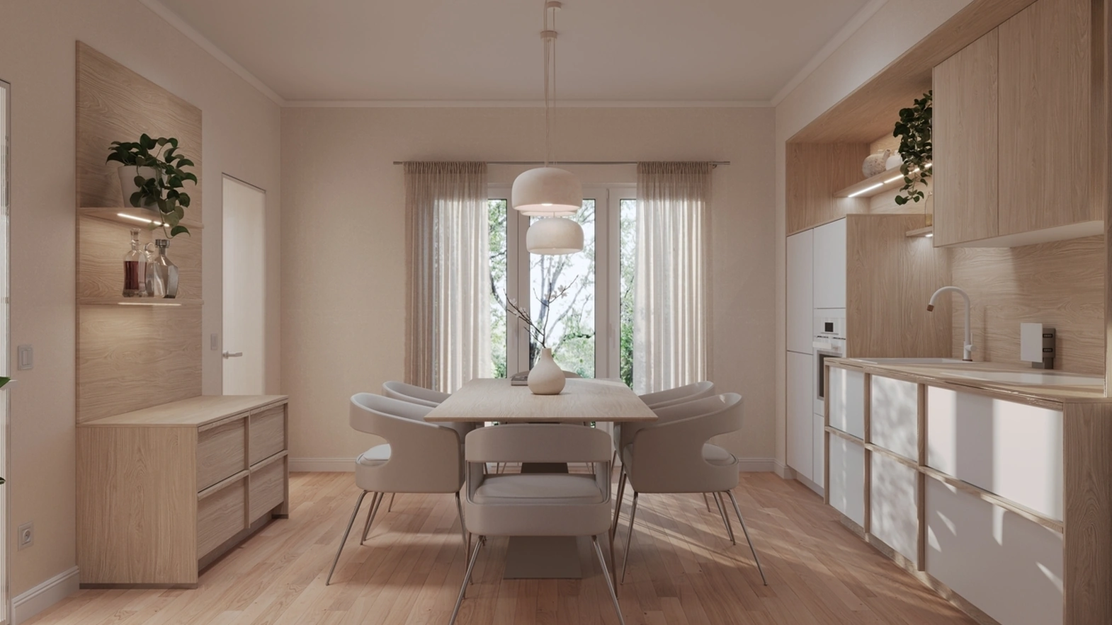 Cucina Moderna lineare Haiku in laccato seta e laminato rovere di Life Cucine
