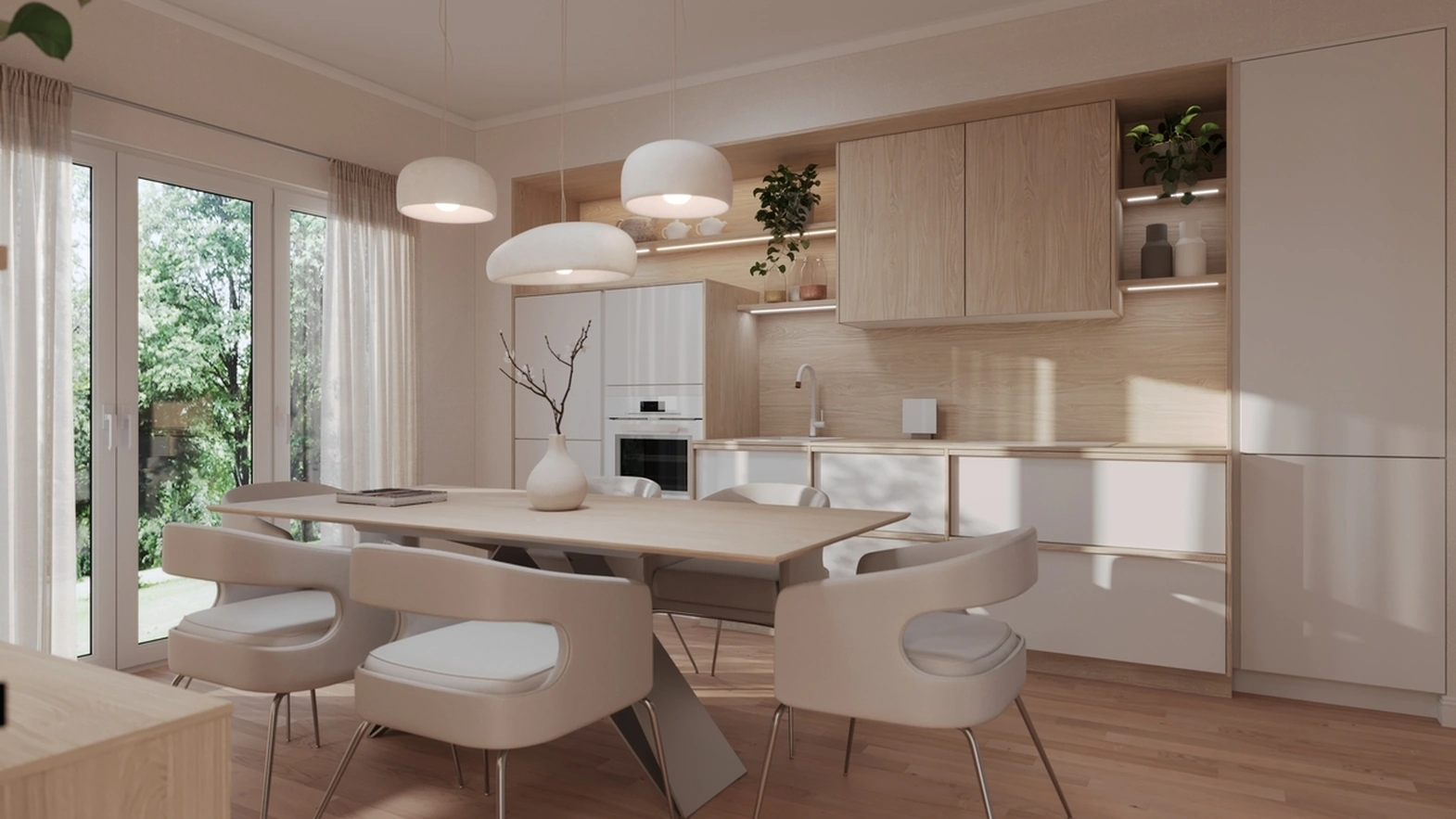 Cucina Moderna lineare Haiku in laccato seta e laminato rovere di Life Cucine