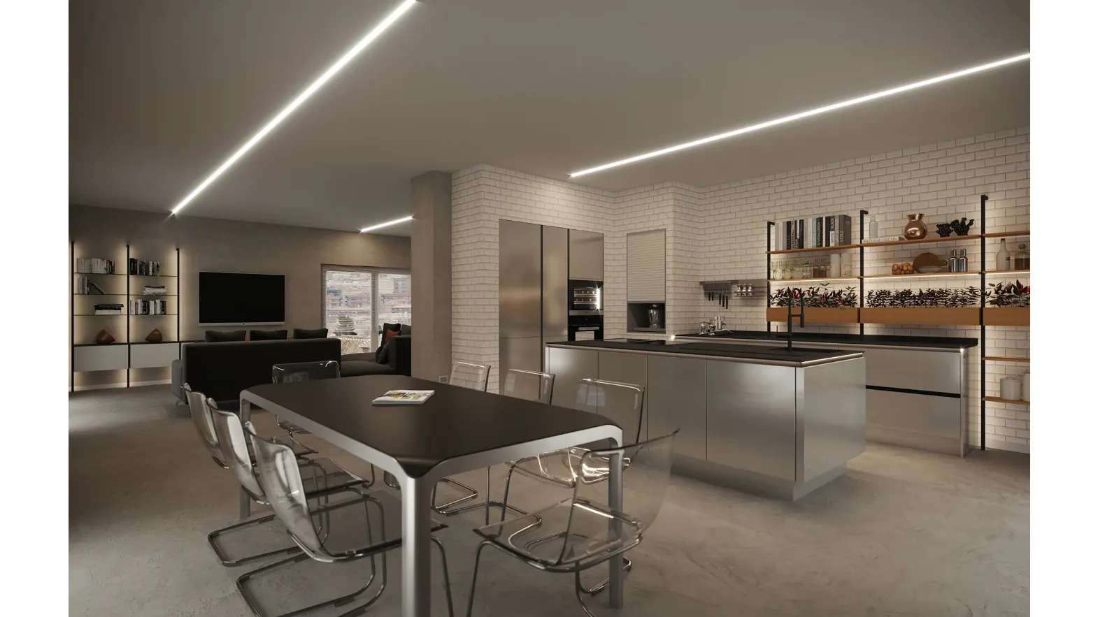 Cucina Moderna con isola Steel con finitura effetto acciaio di Life Cucine