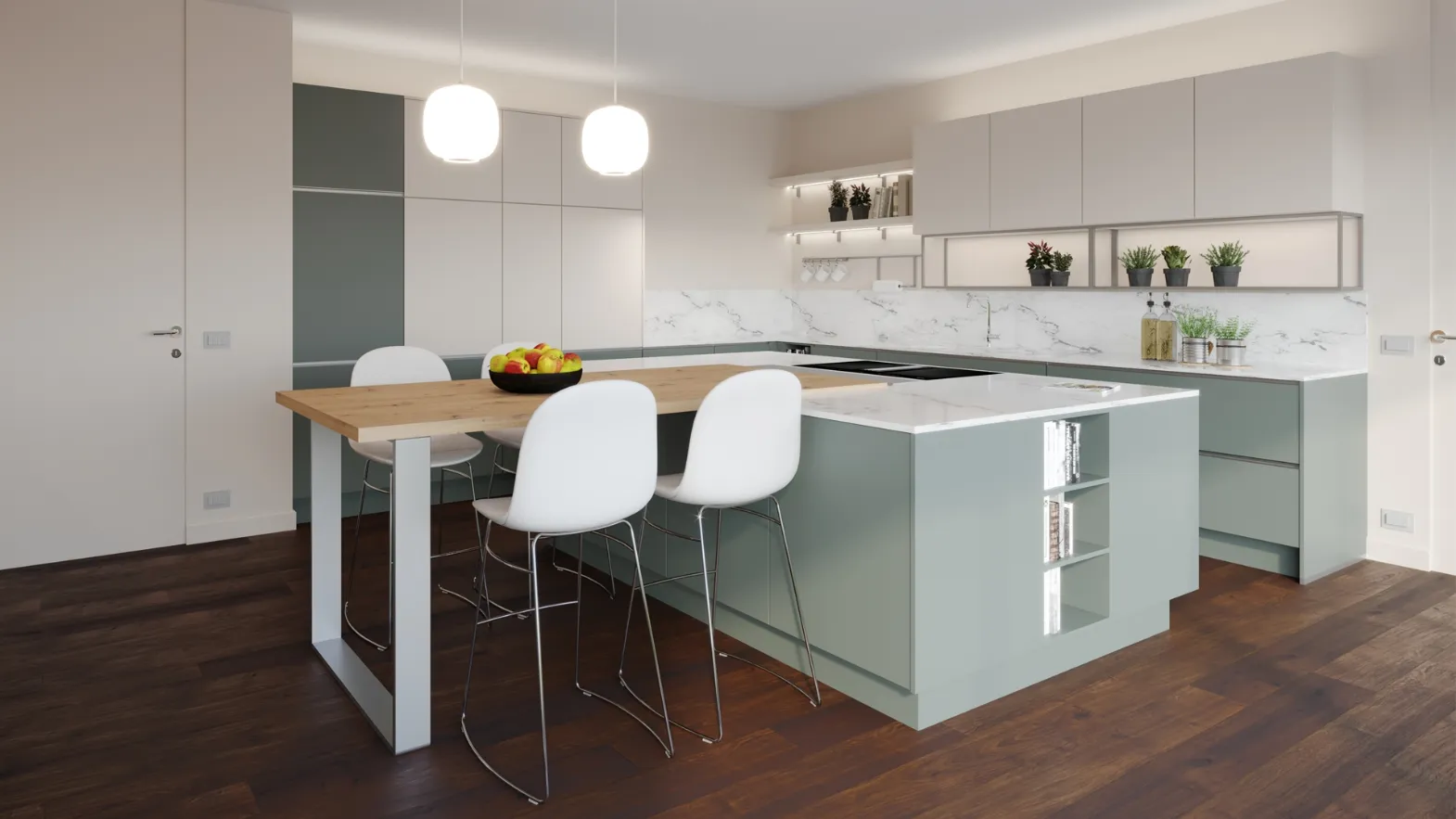 Cucina Moderna con isola in laccato e con penisola in legno Tatto Acqua di Life Cucine