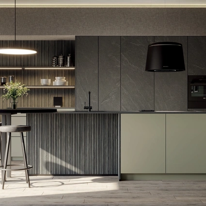 Cucina Moderna con isola Verde Pietra in laminato materico e laccato di Life Cucine