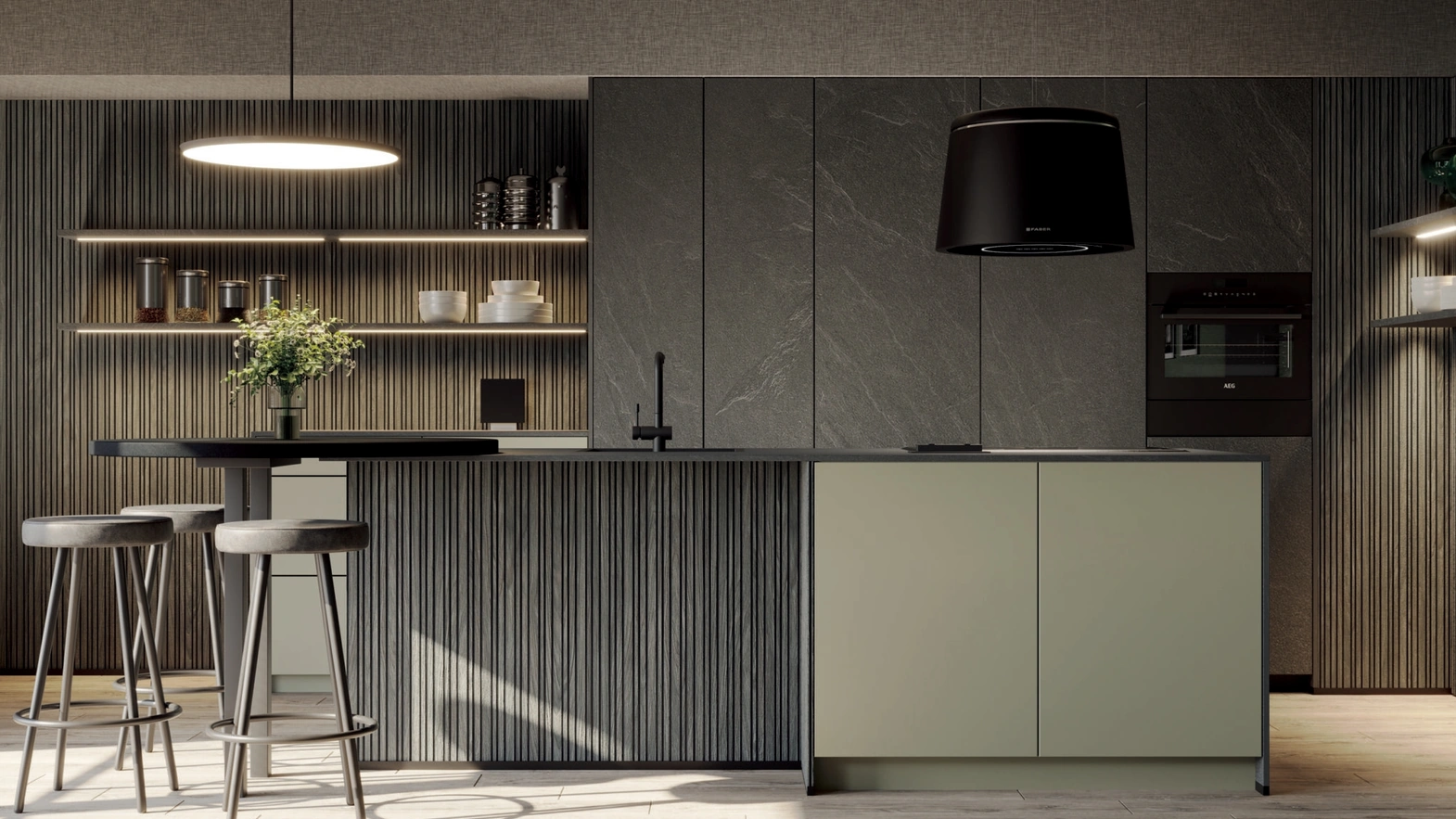 Cucina Moderna con isola Verde Pietra in laminato materico e laccato di Life Cucine