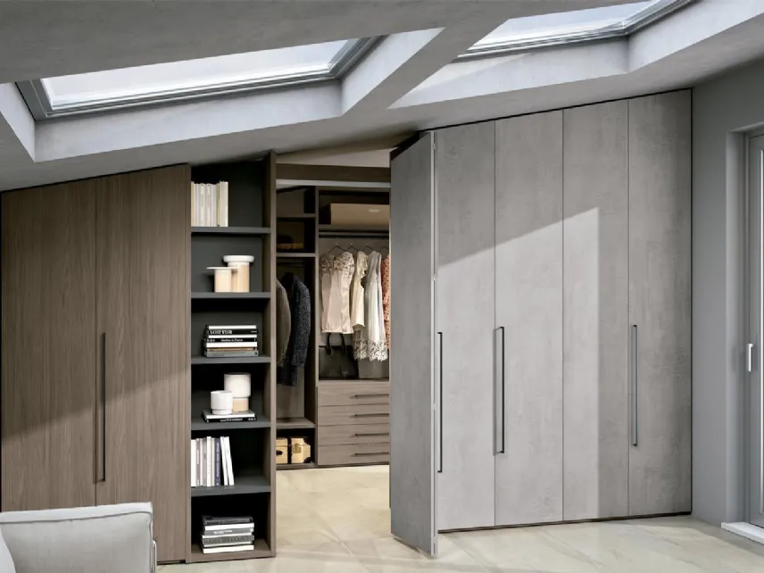 Cabina Armadio Bifacciale in materico effetto cemento e legno Composizione 02 di Ferrimobili