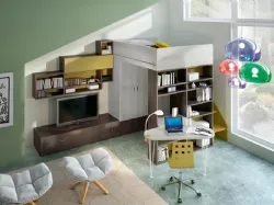 Cameretta per Ragazzi 705 A B a soppalco con zona living e zona studio in larice e olmo di Ferrimobili