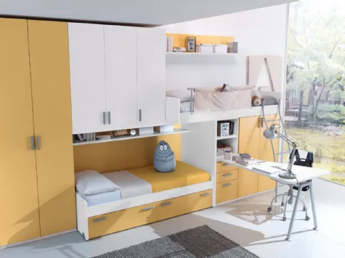 Cameretta a soppalco con scrivania in laccato bianco e giallo opaco Composizione EN19 di S75