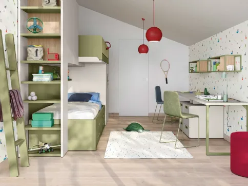 Cameretta a soppalco con scrivania Kids space 17 in melaminico di Nidi