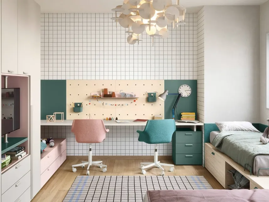 Cameretta componibile a 2 letti con scrivania a parete e armadio a muro Kids space 03 di Nidi
