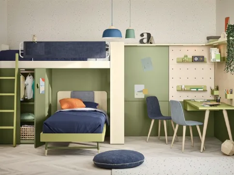 Cameretta a soppalco con scrivania Kids space 11 in melaminico di Nidi