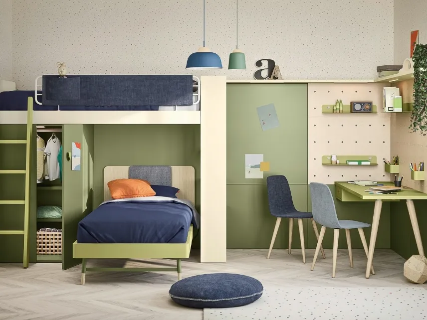 Cameretta a soppalco con scrivania Kids space 11 in melaminico di Nidi