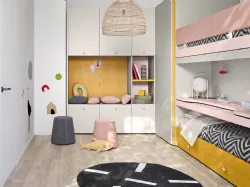Cameretta con letti a castello, piano scrivania estraibile, armadio a muro Kids space 15 di Nidi