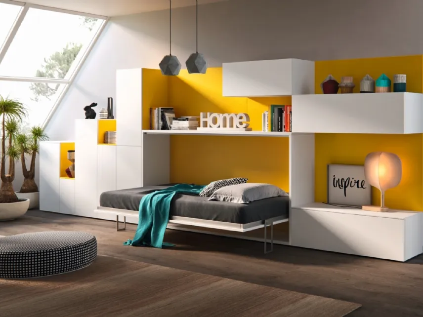 Letto singolo a scomparsa aperto in laccato opaco Bianco e Giallo Casanova 4019 di 2B Italia