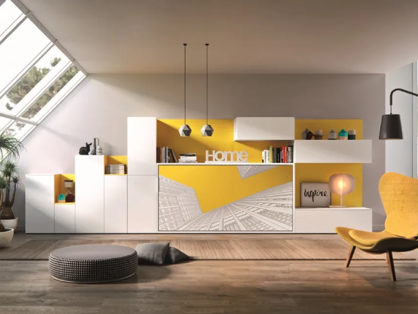 Letto a scomparsa chiuso in laccato opaco Bianco e Giallo con decorazione Casanova 4019 di 2B Italia