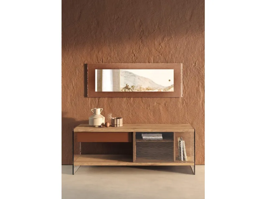 Madia in legno con struttura in vetro e cassetto in cuoio River di Nature Design