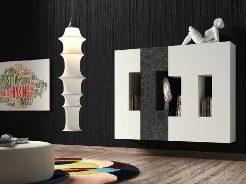Parete Attrezzata sospesa Club36 3027 in laccato opaco Bianco con inserto decorato di 2B Italia