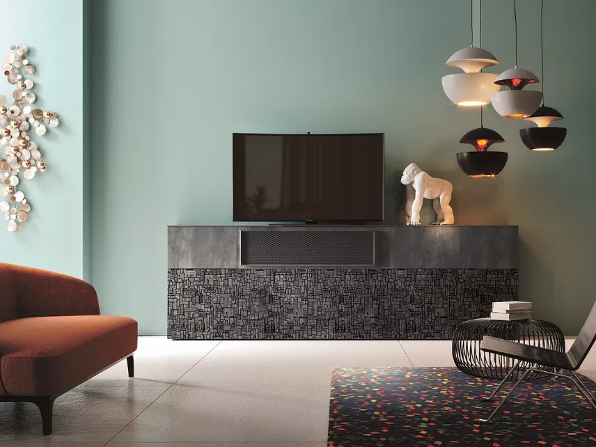 Parete Attrezzata Club Decor 6025 con decorazione di una città stilizzata Nero su Grigio di 2B Italia