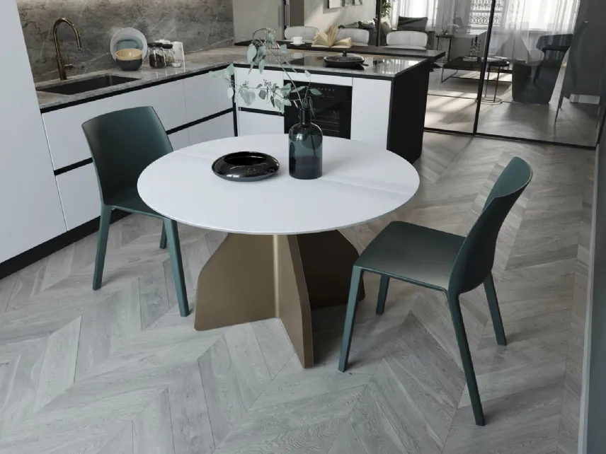 Tavolo rotondo Wing con piano in ceramica bianco con struttura bronzo di Zamagna