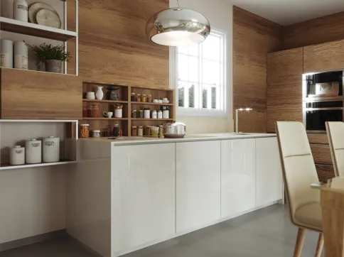 Cucina Moderna linearecon finiture in laccato bianco lucido e effetto legno Havanna di Life Cucine