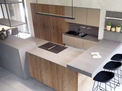Cucina Moderna con penisola in legno di rovere, cemento e laccato opaco Legno di Life Cucine
