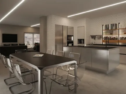 Cucina Moderna con isola in acciaio e vetro Nero di Steel Life Cucine