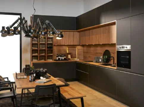 Cucina Moderna angolare Manhattan finitura laccato Nero e Rovere Vulcano Flair di Nolte