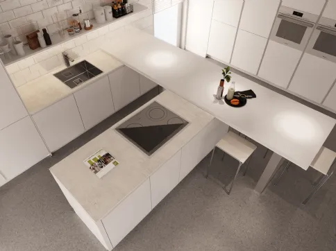 Cucina Moderna in laccato bianco opaco e cemento bianco con isola Mood Bianca di Life Cucine