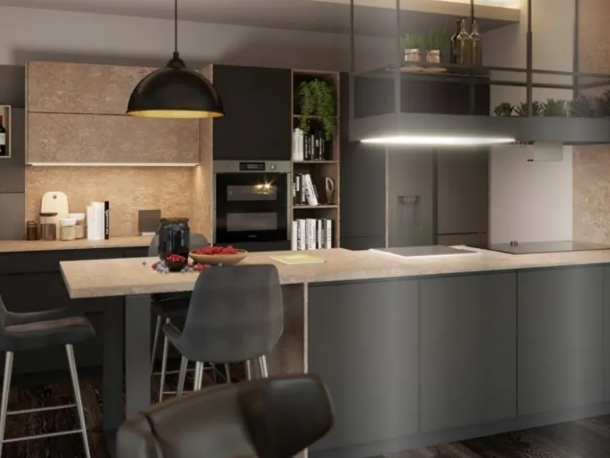Cucina Moderna lineare in laccato nero opaco con finiture ruggine Tattoo Nera di Life Cucine