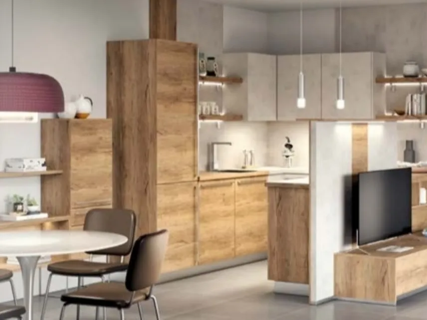 Cucina Moderna in legno e cemento ad angolo Trama di Life Cucine
